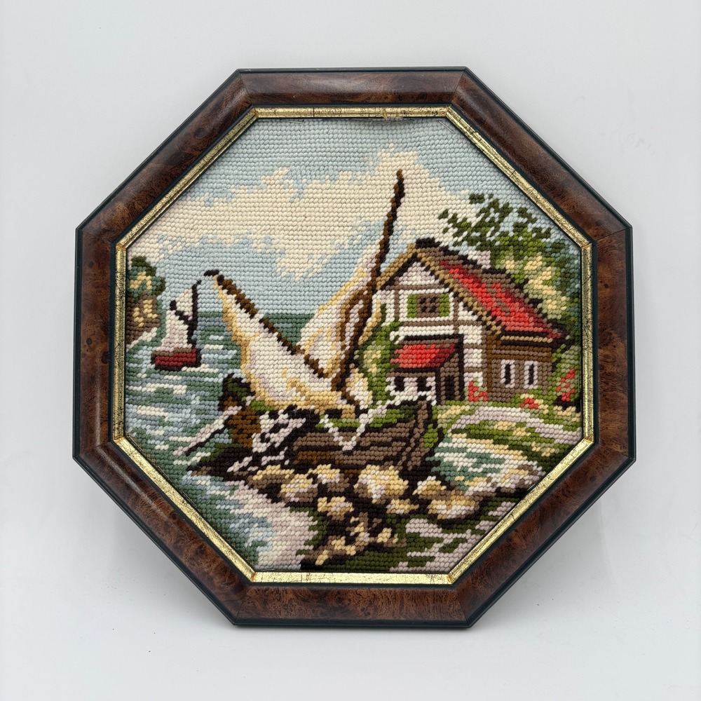 1995 Handmade Needlepoint Sailboat Cottage Wall Art Octagon Frame 12" Grandma